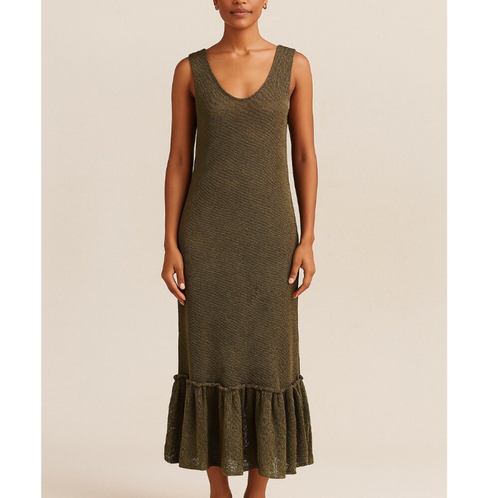 SKIF / SKIFO Olive Green Cotton Hemp Sleeveless Knit Midi to Maxi Dress S/M $222